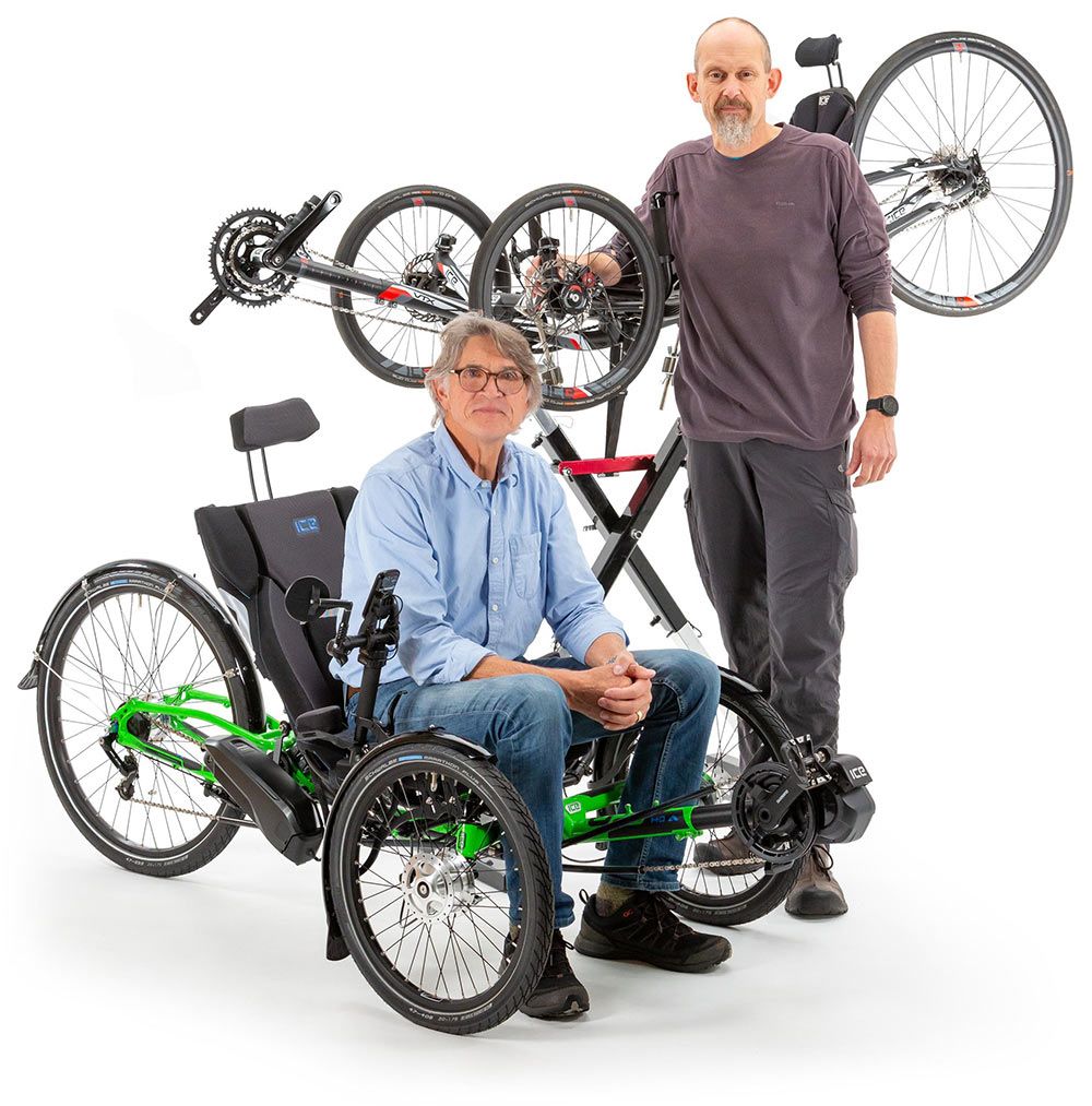 ICE Trikes becomes employee owned - Chris and Neil with two recumbent ICE Trikes