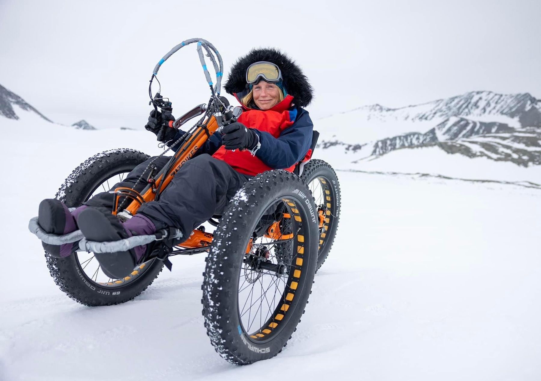 Karen Darke on her ICE Full Fat recumbent trike with handcycle modification in Antarctica