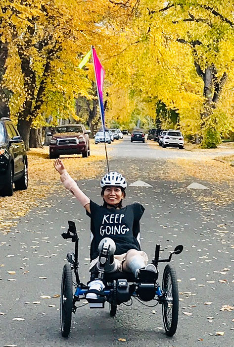 Verna quad amputee riding an ICE Adventure recumbent Trike with Shimano STEPS E-Assist