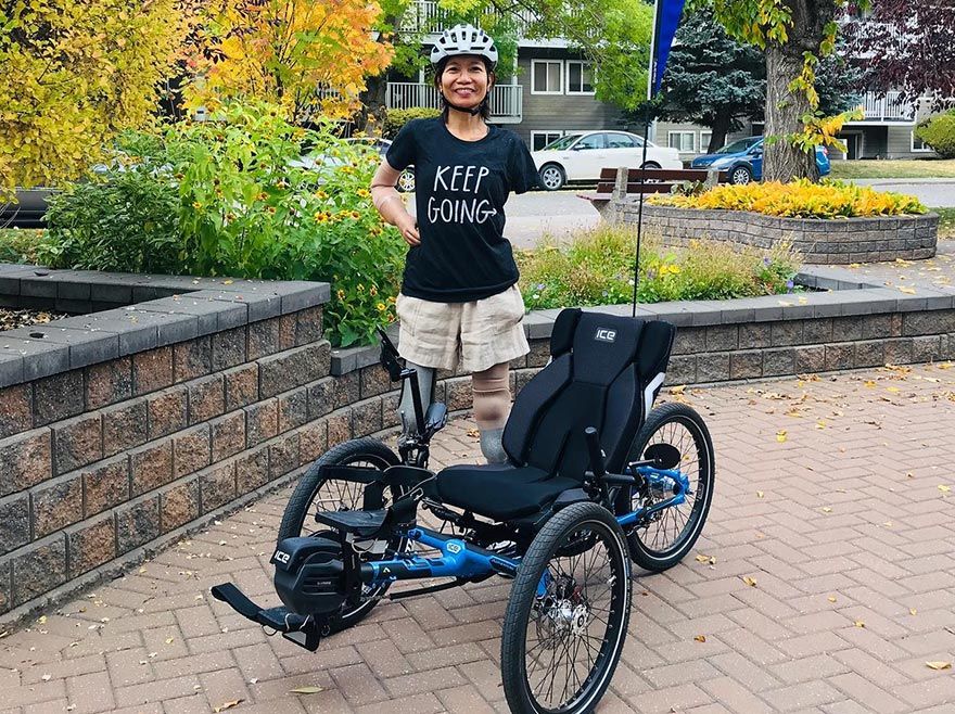 Verna who is a quad amputee with her ICE Adventure recumbent trike
